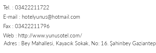 Gaziantep Yunus Otel telefon numaralar, faks, e-mail, posta adresi ve iletiim bilgileri